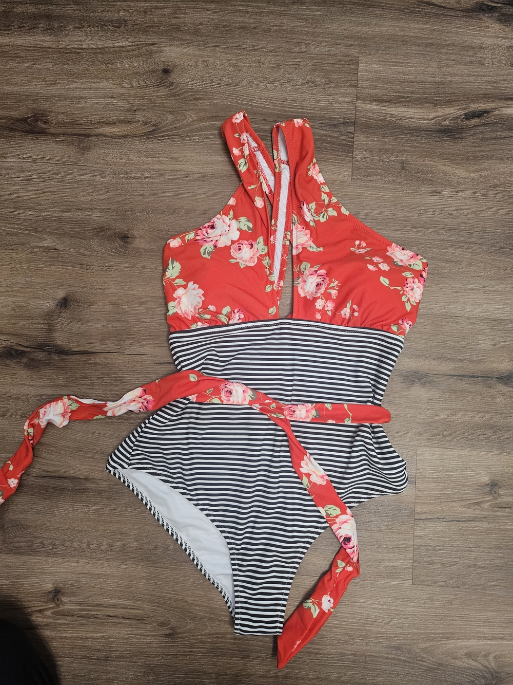 Cupshe- Floral Red & Black Striped One-Piece Swimsuit